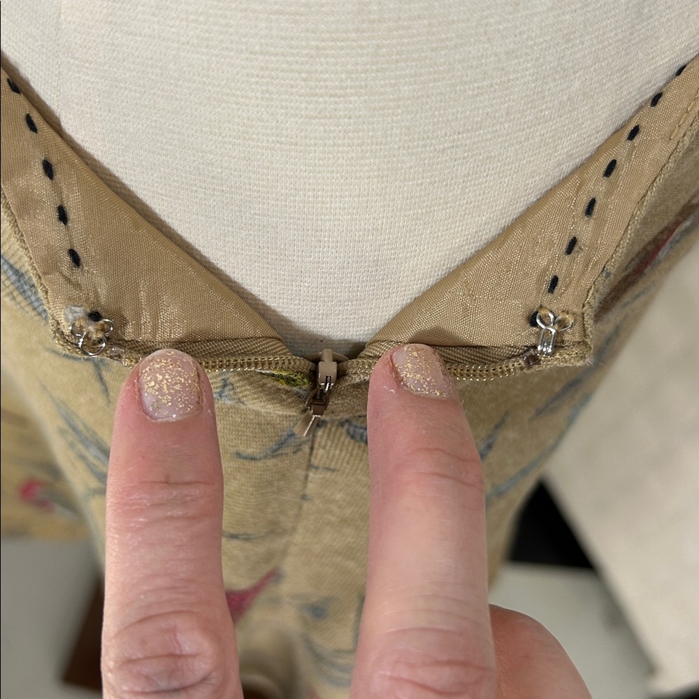Anthropologie Elevenses Wool A-Line Skirt with Bird Print, tan, gray, red. - Picture 5 of 10